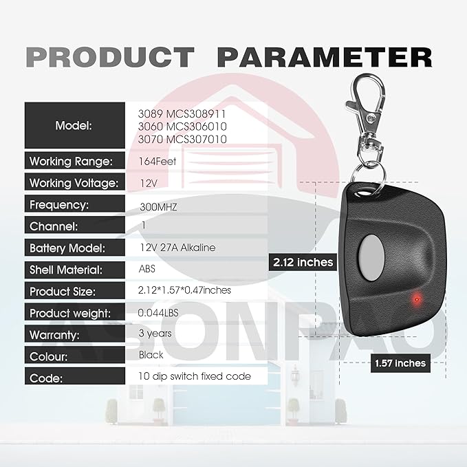 ASONPAO 2X Multi-Code 3089 MultiCode 308911 Linear MCS308911 Gate Opener Garage Door Opener Remote (3-Year-Warranty)