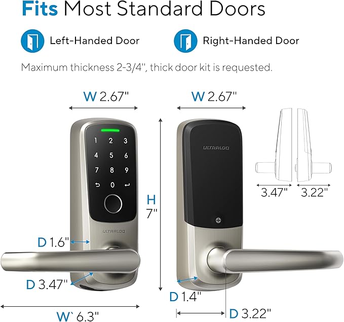 ULTRALOQ Latch 5 Smart Lock, Built- in WiFi 6 Fingerprint Door Handle Lock, Biometric Keyless Entry Door Lever with App, Digital Touchscreen Keypad, Smart Locks for Front Door, App Remote Control
