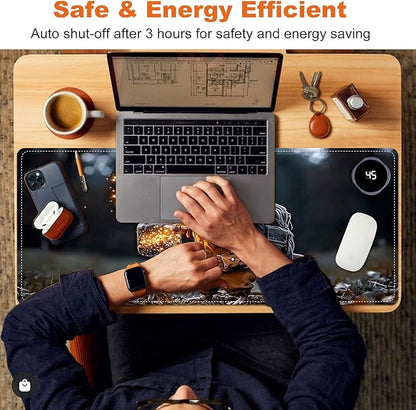 Heated Mouse Pad for Desk 31.5" x 13" – PU Leather Warm Desk Pad with 3 Heat Levels (104°F/113°F/122°F), Plug-in Electric Heating Mat with Auto Shut-Off, Waterproof & Rollable, Mouse with Lantern