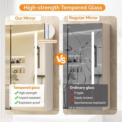 VINGLI 16Inch Medicine Cabinet with Lights, Lighted Medicine Cabinet with Mirror, Led Wall Mirror with Storage for Bathroom,Wall Mounted,3-Color Memory Mode Light，White,5.9" D x 15.75" W x 23.6" H