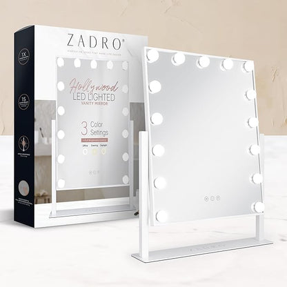 Zadro Hollywood Lighted Vanity Mirror with 15 LED Bulbs, 3 Color Light Settings, 360° Rotation Makeup Mirror Head (21" H x 18" W | 1X | Chocolate)