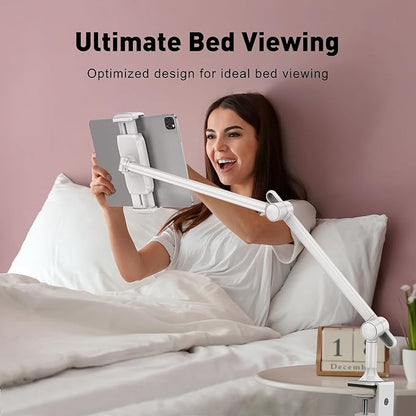 AboveTEK Tablet Stand Holder for Desk & Bed, Aluminum iPad Holder Arm with 360° Rotating Clamp, Adjustable Phone Stand Compatible with 4.7"-13.5" iPad Pro/Air/Mini, iPhone, Galaxy Tab- White