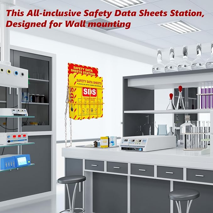 SDS MSDS Binder and Wall Station Bilingual Yellow 2 Inch Safety Data Sheet 3 Ring Binder with SDS Wire Rack Chain Self-tapping Screws SDS Station Sign Wall Mounted for Workplace English Spanish