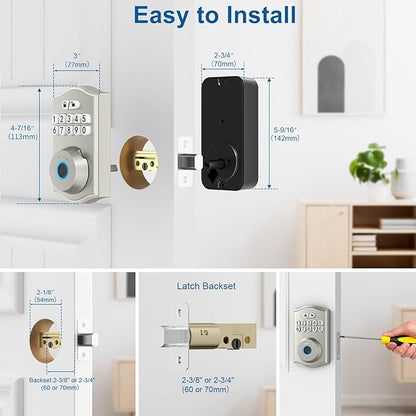 Smart Door Lock - Keyless Entry with Fingerprint/Bluetooth APP Control/Password, Auto Lock, One Time Code, Nickel