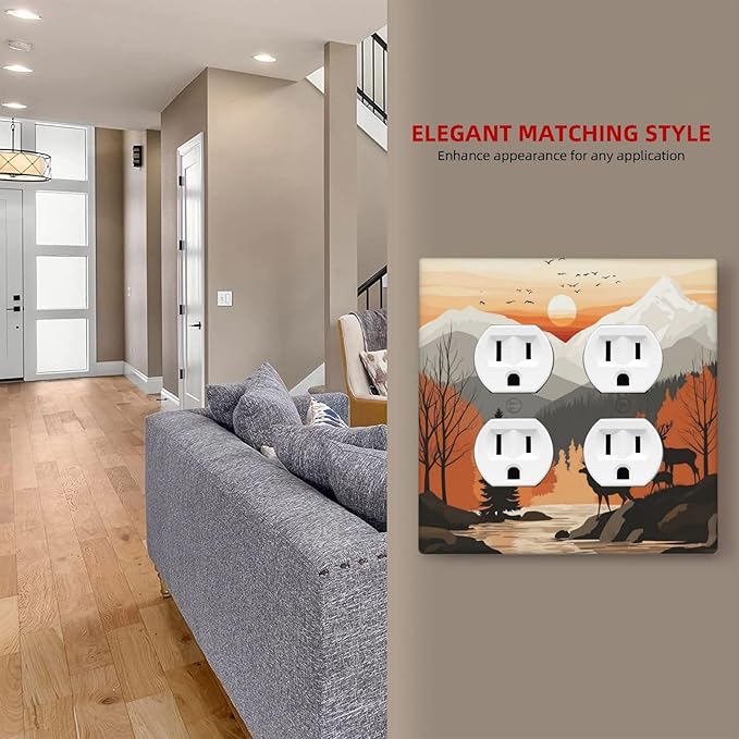 Sun Forest Deer Snow Mountain River Outlet Covers 2 Gang Double Duplex Decorative Light Switch Covers Electrical Wallplates Socket Faceplate For Bed Room Living Room Decor