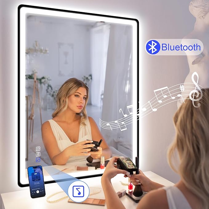STARLEAD 28"x36" LED-Bathroom-Mirror-with-Lights, Wall-Mounted with Bluetooth, Anti-Fog, 3 Color Temperature Dimmable Brightness, Waterproof, Tempered Glass, Frontlit & Backlit, Black Frameless