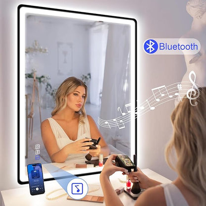 STARLEAD 28"x36" LED-Bathroom-Mirror-with-Lights, Wall-Mounted with Bluetooth, Anti-Fog, 3 Color Temperature Dimmable Brightness, Waterproof, Tempered Glass, Frontlit & Backlit, Black Frameless