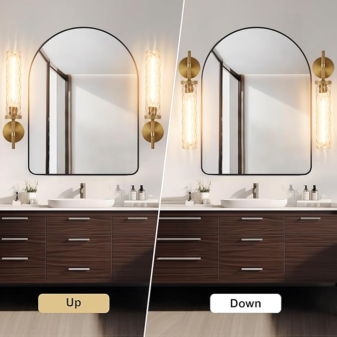 19.5" Knurled Brass Wall Sconces Set of 2, Gold Bathroom Vanity Light Fixtures with Water Ripples Glass Tube, Modern Lamp Lighting for Bedroom, Living Room, Hallway, Staircase, Mirror, Kitchen