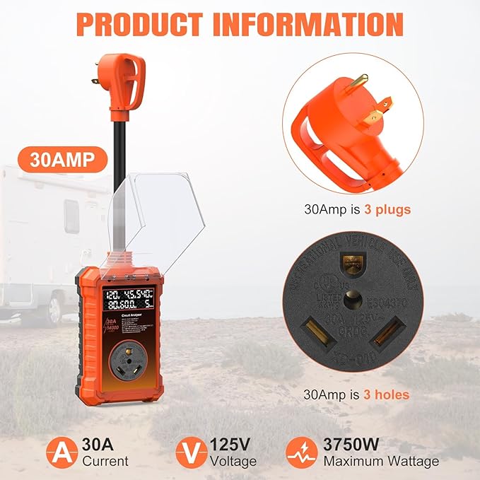 30 Amp RV Surge Protector 14,000J with Smart LED Display & Real-Time Voltage/Current/KWH Monitoring, Auto Shutoff/Reset, High/Low Voltage, Waterproof, Circuit Analyzer, Clear Error Codes for Campers