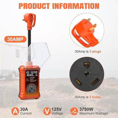 30 Amp RV Surge Protector 14,000J with Smart LED Display & Real-Time Voltage/Current/KWH Monitoring, Auto Shutoff/Reset, High/Low Voltage, Waterproof, Circuit Analyzer, Clear Error Codes for Campers