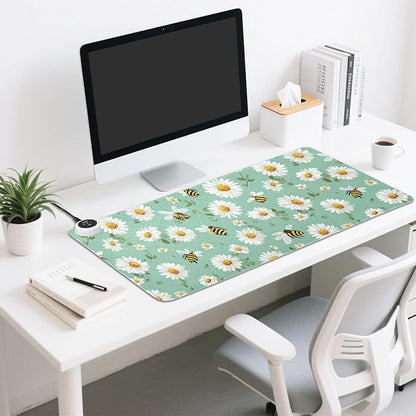 Heated Desk Pad Mouse Pad 31.5x13 Inch PU Leather Desk Mat with 3 Heat Levels Large Mouse Gaming Computer Laptop Mat Mint Green Daisy Flowers and Bees