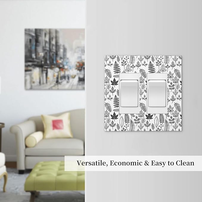 Black White Leaf Wheat Maple Leaf Plant Decorative Outlet Covers 2 Gang Double GFCI Rocker Light Switch Cover Plate Electrical Wall Panels for Bedroom Bathroom Decor