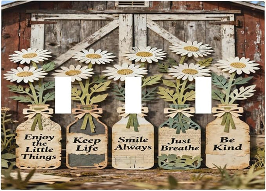 Rustic Daisy Barn Door Flowers 3 Gang Triple Toggle Decorative Light Switch Covers Electrical Faceplate Switch Plates for Bathroom Kitchen Home