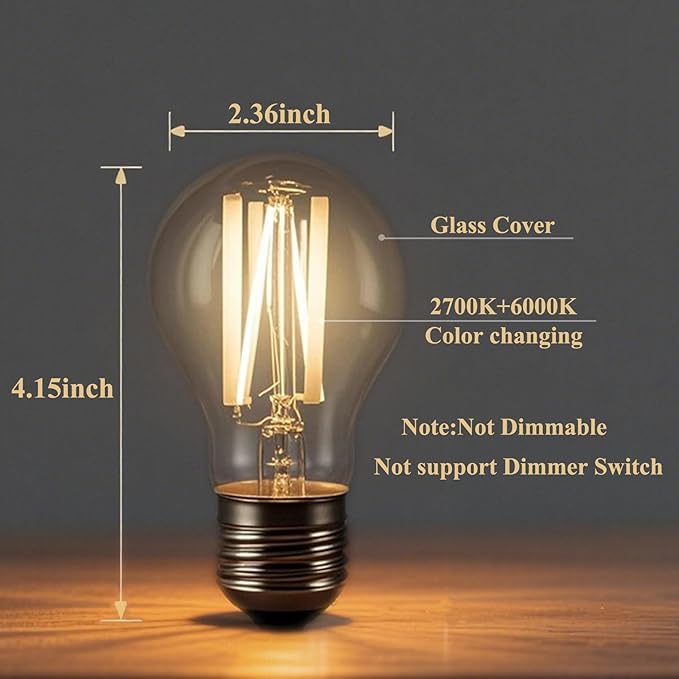 3 Color Temperature LED Bulb E26 Medium Base 60W Equivalent, 2700K Warm White and 6000K Daylight Color Changing Light Bulb 3CCT A19 LED 6W Clear Glass, Not Dimmable, 2 Pack