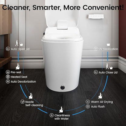 Smart Toilet with Built-In Bidet, Auto Open and Close Lid, Heated Seat, Warm Air Dryer, Night Light, 1.06 GPF Powerful Auto Flush and Blackout Flush, Easy Operation by Knob, Remote, Kick Button