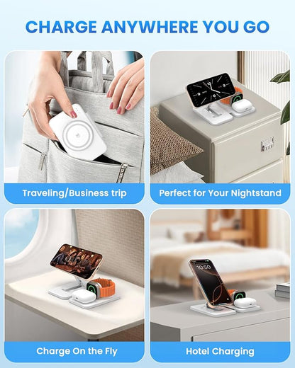 Wireless Charging Station for Mag-Safe Charger: JoyGeek Fast Wireless Charger Pad for iPhone 16/15/14/13/12 Series -Travel Stand for Apple Watch 10-2 - Air-Pods 4/3/2/Pro