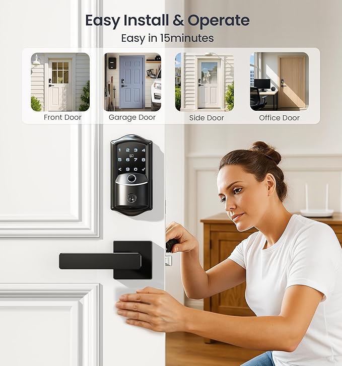 Veise VE027-L Built-in WiFi Smart Door Lock with Lever Handle Set, Fingerprint keyless Entry Door Lock, App Remote Control, Electronic Digital Keypad Deadbolt for Front Door, Auto Lock, Matte Black