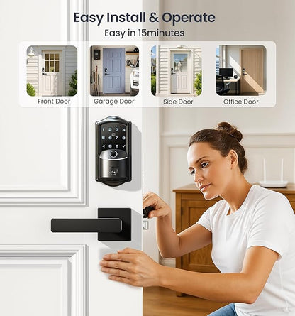 Veise VE027-L Built-in WiFi Smart Door Lock with Lever Handle Set, Fingerprint keyless Entry Door Lock, App Remote Control, Electronic Digital Keypad Deadbolt for Front Door, Auto Lock, Matte Black