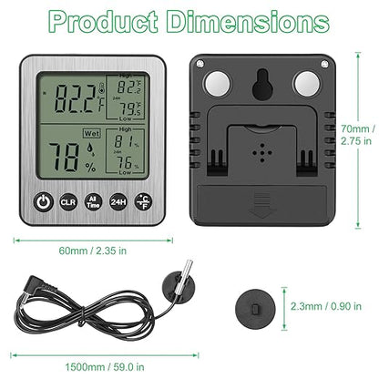 2 Pack zz20 Digital Fridge Thermometer with Extra Sensor, Hygrometer - Max/Min Temp & Humidity, Black