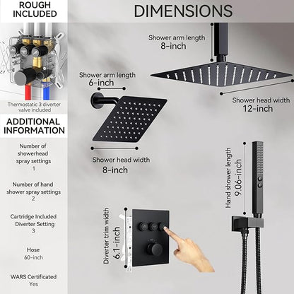 Thermostatic Shower Systems Matte Black Shower Faucets Sets, STARBATH 12+ 8" Wall Mount Rain Shower and 2 in 1 Handhled, Can Use All at Once, Push Button 3 Modes Valve and Trim Kit Complete Shower Set
