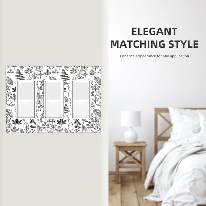 Black White Leaf Wheat Maple Leaf Plant Light Switch Covers 3 Gang Rocker Decorative Triple Outlet Wall Plate Cover Electrical GFCI Switchplate for Bedroom Bathroom Decor