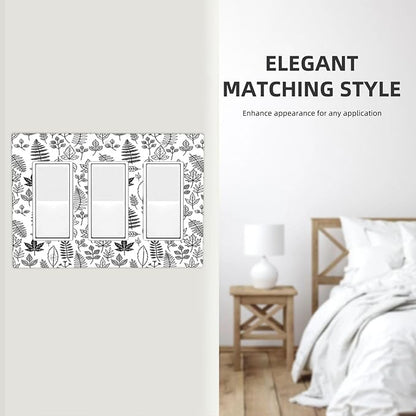 Black White Leaf Wheat Maple Leaf Plant Light Switch Covers 3 Gang Rocker Decorative Triple Outlet Wall Plate Cover Electrical GFCI Switchplate for Bedroom Bathroom Decor