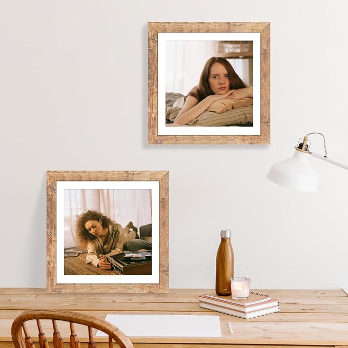 iRahmen 12x12 Picture Frame Set of 4 with Tempered Glass, Rustic Brown Frame Display 10x10 Pictures with Mat or 12 x 12 Without Mat, Wood Square Photo Frames for Desktop Display and Wall Mounting