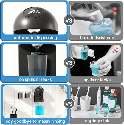 Upgraded Automatic Mouthwash Dispenser with 4 Dispensing Levels for Bathroom-GIMUBABA Smart Mouth Wash Dispenser Sets with 20.3 FL Oz Container,2 Cups & Wall Mount Accessories for Kids & Family(black)