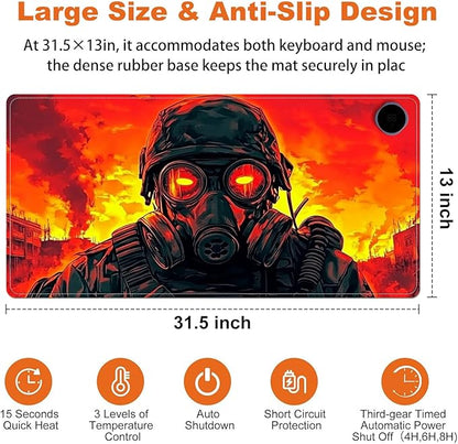 Heated Mouse Pad for Desk 31.5" x 13" – PU Leather Warm Desk Pad with 3 Heat Levels (104°F/113°F/122°F), Plug-in Electric Heating Mat with Auto Shut-Off, Waterproof & Rollable, Mask Soldier
