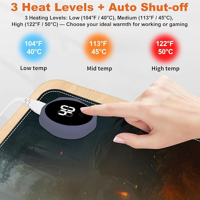 Small Heated Desk Pad 23.6" x 14.2" – Compact Electric Mouse Pad with 3 Heating Levels, Auto Shut-Off, Waterproof PU Surface, Plug-in Warmer for Office or Home Use, Fire Warrior