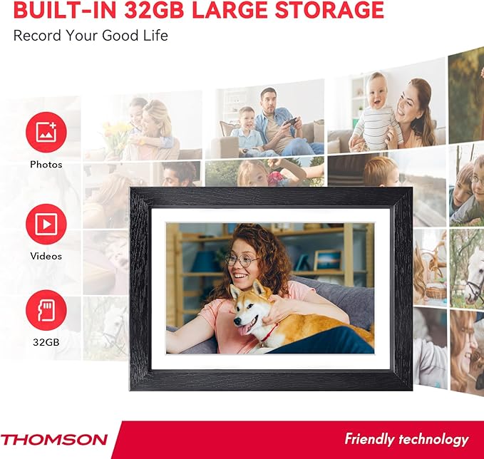 THOMSON Digital Picture Frame, Digital Photo Frame WiFi with 32 GB, HD IPS Touch Screen, Auto-Rotate, Slideshow, Share Photos/Videos from Phone by App (10.1Inch Wood)