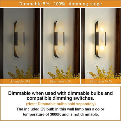 Alabaster Wall Sconce, Modern Natural Marble Wall Sconces for Indoor Lighting, 19.7 in Black Wall Lights for Bathroom Dining Room Stairs Bedroom (1-Pack)