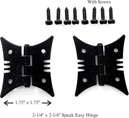 The Rustic Express, Speak-Easy Door Latch and Decorative Hinge Kit Includes 1 Speak-Easy Latch, 2 Butterfly Hinges and 12 Black mounting Screws, Size (Latch 3-1/4” x 1” x 1” Hinge 2” x 2-3/8”)