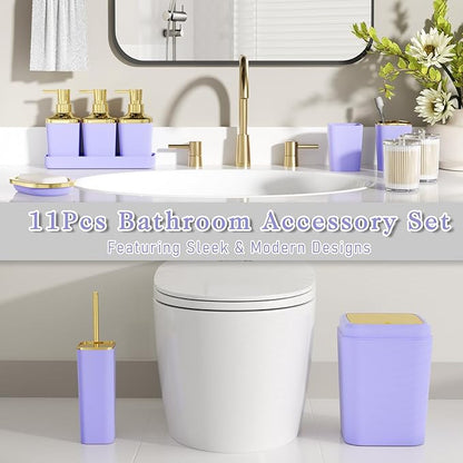Bathroom Accessory Set, 11PC Bathroom Set, Purple Bathroom Accessories, Bathroom Accessories Set with Trash Can, 3PC Soap Dispensers and Toilet Brush
