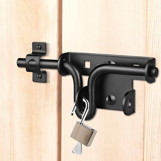 Heavy Duty Slide Bolt Gate Latch with Padlock Hole - Universal Security Lock for Wooden Fence, Metal Gate, Shed Door, Yard Barn, Vinyl Sliding Door - Out/Indoor Waterproof Door Latch, Black