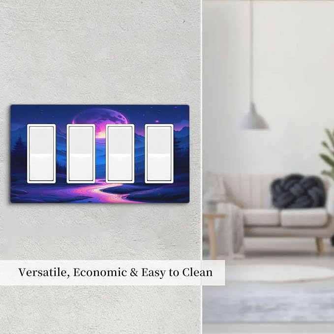 Purple Cyberpunk River Full Moon Mountain Forest Wallplates 4 Gang Quad Rocker Decorative Light Switch Covers Electrical GFCI Faceplate Switch Plate for Bedroom Bathroom Decor