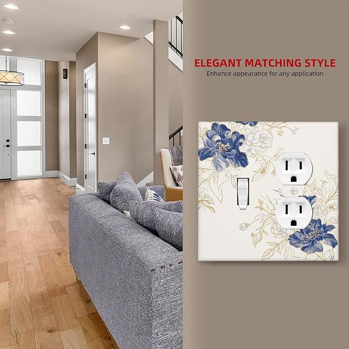 Decorative Outlet Covers Rustic Blue Flower Floral Gold Leaf 2 Gang Light Switch Cover Plate Single Toggle Duplex Wall Plates for Electrical Outlets Switch Plate Covers for Home Decor