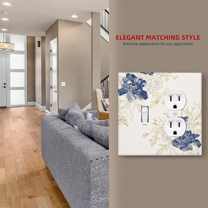 Decorative Outlet Covers Rustic Blue Flower Floral Gold Leaf 2 Gang Light Switch Cover Plate Single Toggle Duplex Wall Plates for Electrical Outlets Switch Plate Covers for Home Decor