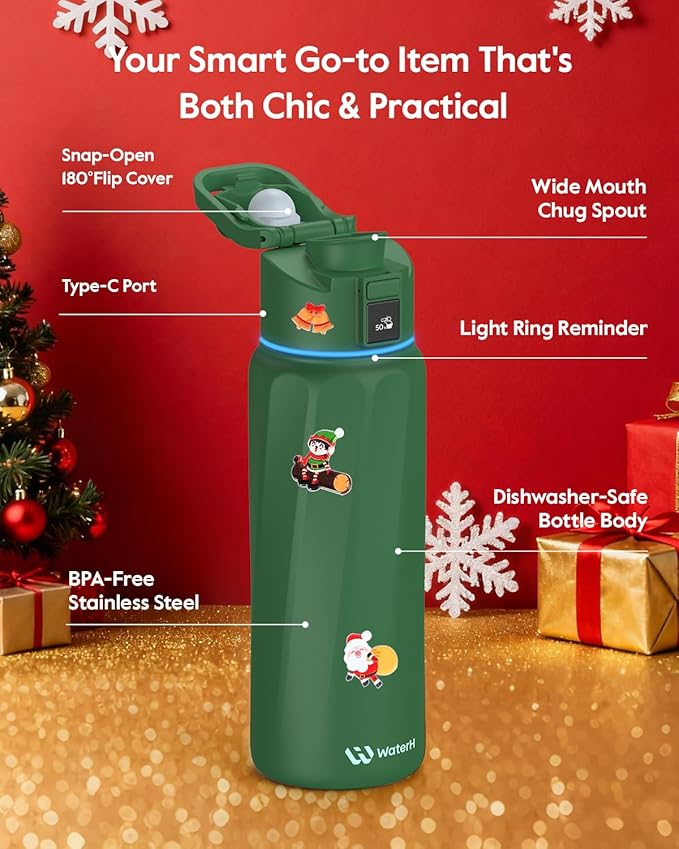 BOOST Smart Water Bottle with Reminder & Tracker, 32oz Vacuum Insulated Bottles Stainless Steel, BPA-Free, Wide Mouth, Ideal Gift for Men, Women, Christmas, New Year, Gym, Office, School
