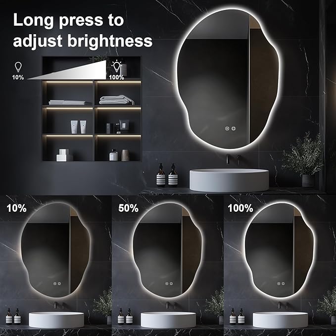 Asymmetrical LED Bathroom Mirror with Lights,Irregular Led Bathroom Vanity Mirror for Wall with Backlit, Anti Fog, 3 Colors and Dimmable Light,[Horizontal/Vertical] 40" H x 30" W