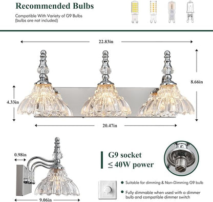 Vintage Bathroom Vanity Light, 3-Light Chrome Vanity Lighting Fixture with Flower Glass Shade, Bathroom Lighting Fixtures Over Mirror