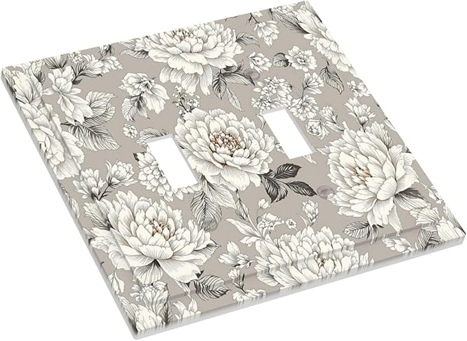 White Poppies Floral Modern Grey Peonies Flowers Decorative Switch Plates 2 Gang Double Toggle Outlet Light Switch Cover Wall Plate Electrical Faceplate for Bedroom Bathroom Decor