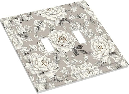 White Poppies Floral Modern Grey Peonies Flowers Decorative Switch Plates 2 Gang Double Toggle Outlet Light Switch Cover Wall Plate Electrical Faceplate for Bedroom Bathroom Decor