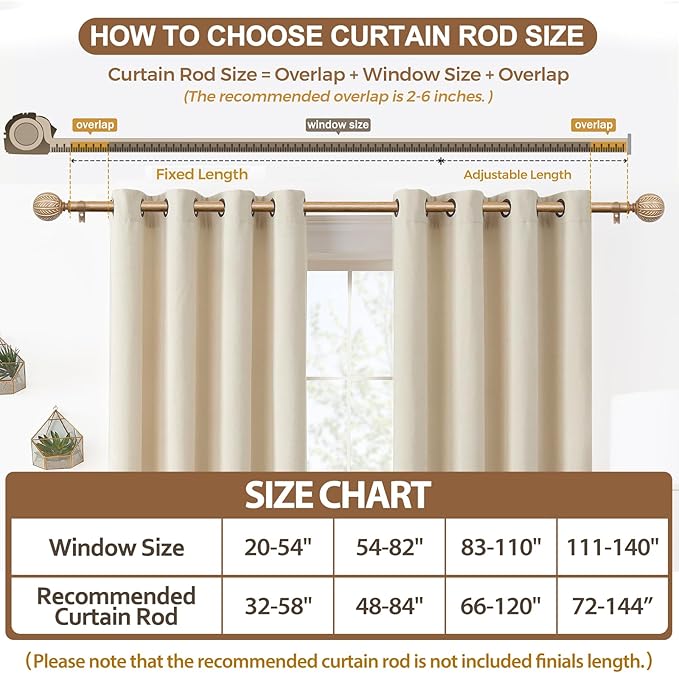 KAMANINA Wood Curtain Rods for Windows 32 to 58 Inch(2.6-4.8ft), 1 Inch Adjustable Drapery Rod, Decorative Heavy Duty Curtain Rods with Leaf Pattern Finials, Wood Grain