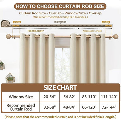 KAMANINA Wood Curtain Rods for Windows 32 to 58 Inch(2.6-4.8ft), 1 Inch Adjustable Drapery Rod, Decorative Heavy Duty Curtain Rods with Leaf Pattern Finials, Wood Grain