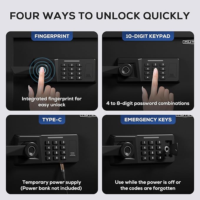 2.0 Cub Biometric Safe Box with Fireproof Bag, Quick-Access Fingerprint with Keys, Digital Keyboard, Type-C Port, Dual Alarm System Safety Box for Home, Office, Hotel Use(Black)