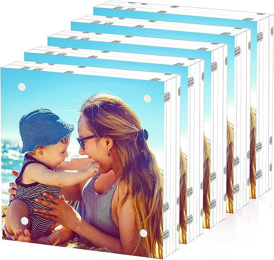 HELPLEX 5 Pack 8x8 Acrylic Picture Frames, 24mm Thicker Square Frameless Clear Frame Double Sided Magnetic Frame, Free Standing Desktop Display Stand Acrylic Frames