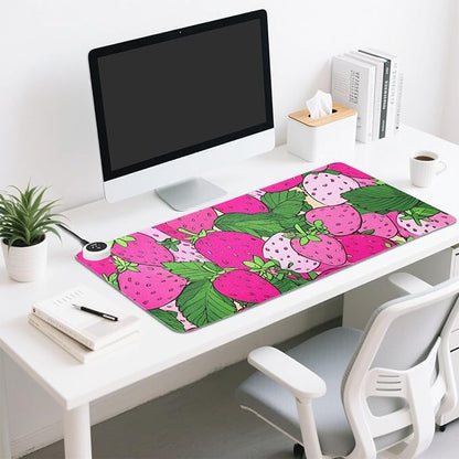 Heated Desk Pad Mouse Pad 31.5x13 Inch PU Leather Desk Mat with 3 Heat Levels Large Mouse Gaming Computer Laptop Mat Pink Cute Strawberries
