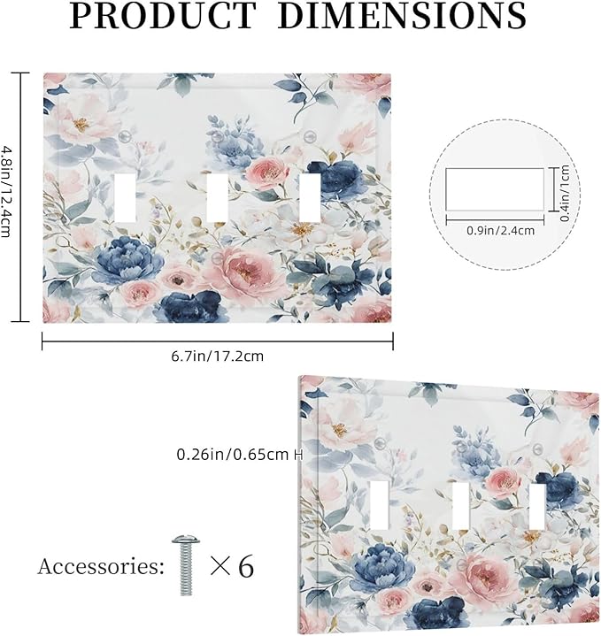 Light Switch Covers Elegant Watercolor Pink Blue Flowers Floral 3 Gang Wall Plates Triple Toggle Outlet Cover Decorative Switchplates Electrical Panel Cover for Kitchen Living Room 4.8 X 6.7 IN