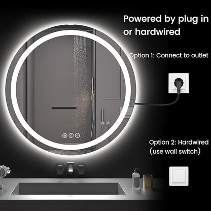 Round LED Bathroom Mirror with Lights, Backlit & Front Lighted, Wall-Mounted Vanity Mirror 3000K/4000K/6000K, Memory Functions, Anti-Fog, Dimmable Smart Mirror (Round 30" x 30")